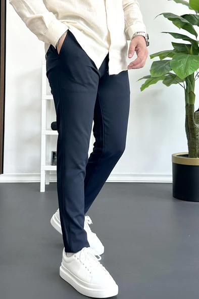 Erkek Beli Düğmeli Pamuklu Dar Kalıp Pantolon Lacivert Edw364 - Resim 2