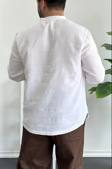 Erkek Hakim Yaka Yarım Patlı Cepli Gömlek Beyaz Edw361 - 5