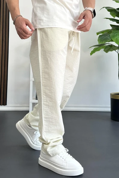 Erkek Beli Lastikli Baggy Rahat Pantolon Krem Edw359 - 3