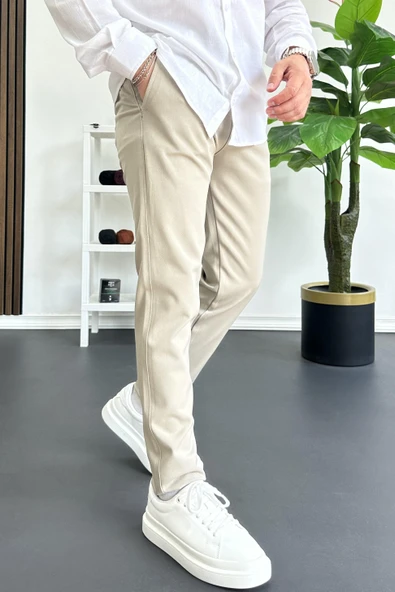 Erkek Beli Düğmeli Pamuklu Dar Kalıp Pantolon Bej Edw364 - Resim 2