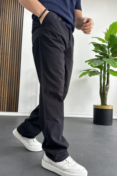 Erkek Rahat Kalıp Keten Pantolon Siyah Edw266 - Resim 2