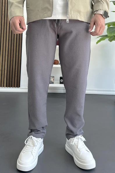 Erkek Beli Lastikli Gofre Kumaş Jogger Pantolon Füme Edw358 - Resim 3