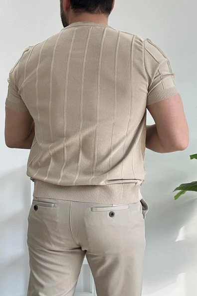 Erkek Bisiklet Yaka Desenli Tişört Vizon Edw260 - Resim 4