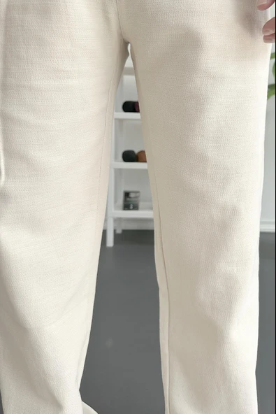 Erkek Beli Düğmeli Baggy Kalıp Pileli Pantolon Krem Edw357 - 5