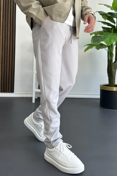 Erkek Beli Lastikli Gofre Kumaş Jogger Pantolon Gri Edw358 - 3