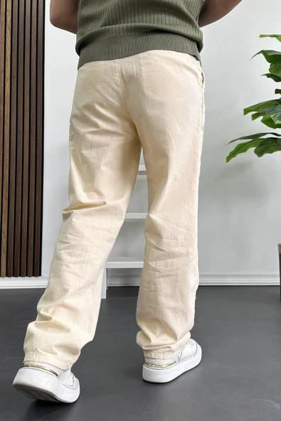 Erkek Rahat Kalıp Keten Pantolon Krem Edw266 - Resim 5