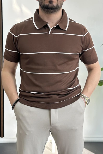 Erkek Açık Yaka Yan Çizgili Tişört Kahverengi Edw259 ürün görseli