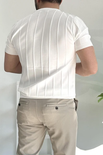 Erkek Bisiklet Yaka Desenli Tişört Beyaz Edw260 - Resim 4