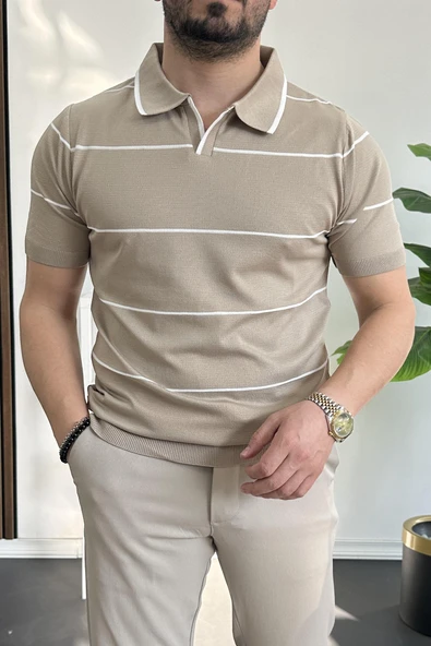 Erkek Açık Yaka Yan Çizgili Tişört Vizon Edw259 - Resim 2