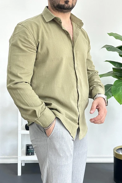 Erkek Krinkıl Kumaş Gömlek Yeşil Edw362 - 2