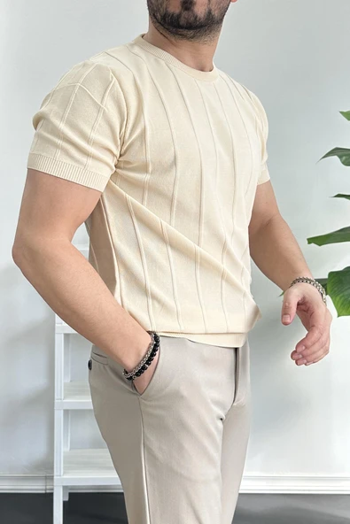 Erkek Bisiklet Yaka Desenli Tişört Krem Edw260 - Resim 2