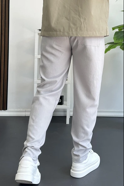 Erkek Beli Lastikli Gofre Kumaş Jogger Pantolon Gri Edw358 - 4