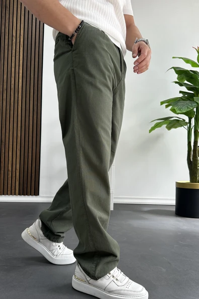 Erkek Rahat Kalıp Keten Pantolon Yeşil Edw266 - 3