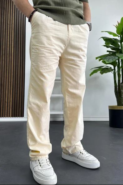 Erkek Rahat Kalıp Keten Pantolon Krem Edw266 - Resim 3