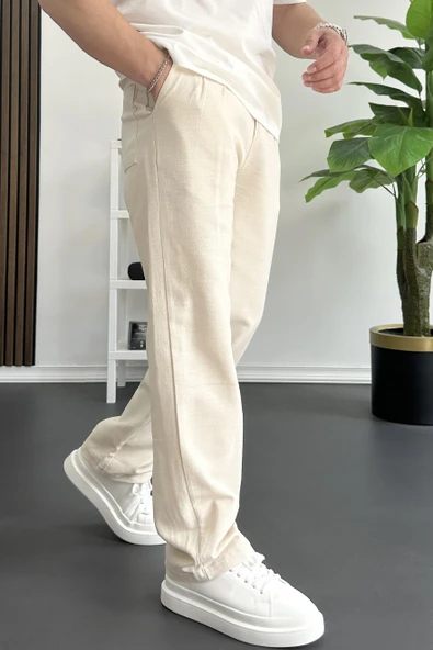 Erkek Beli Düğmeli Baggy Kalıp Pileli Pantolon Krem Edw357 - 3