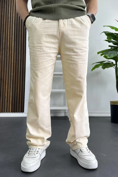 Erkek Rahat Kalıp Keten Pantolon Krem Edw266 - Resim 2