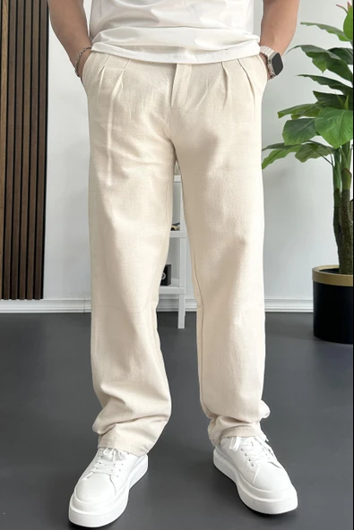 Erkek Beli Düğmeli Baggy Kalıp Pileli Pantolon Krem Edw357