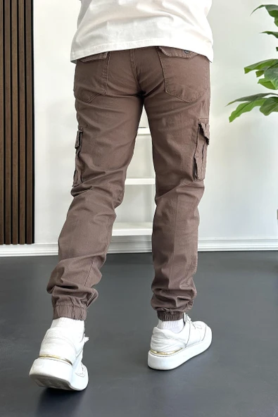 Erkek Paçası Lastikli Kargo Cepli Pantolon Koyu Kahverengi Edw353 - Resim 4