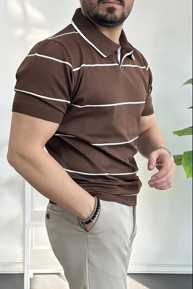 Erkek Açık Yaka Yan Çizgili Tişört Kahverengi Edw259 - Resim 3