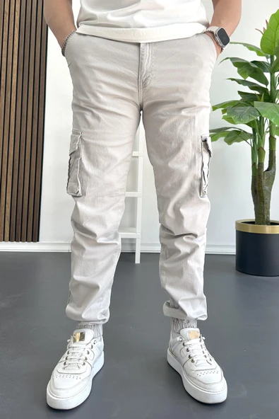 Erkek Paçası Lastikli Kargo Cepli Pantolon Taş Rengi Edw353 - Resim 3
