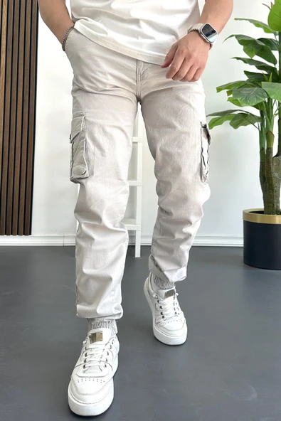 Erkek Paçası Lastikli Kargo Cepli Pantolon Taş Rengi Edw353 ürün görseli