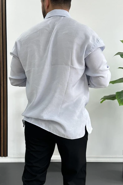 Erkek Salaş Modal Kumaş Gömlek Açık Mavi Edw267 - Resim 3