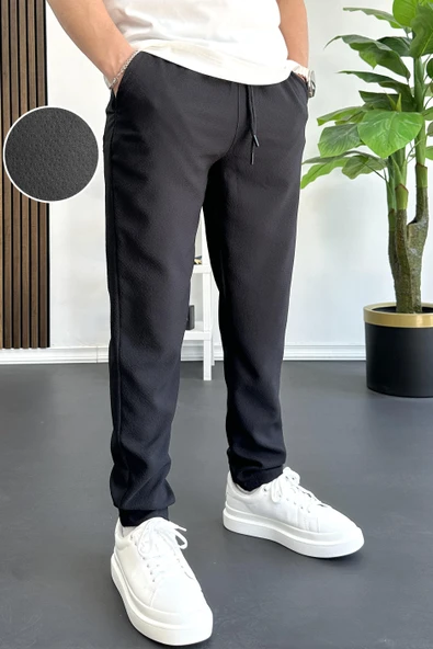 Erkek Beli Lastikli Gofre Kumaş Jogger Pantolon Siyah Edw358