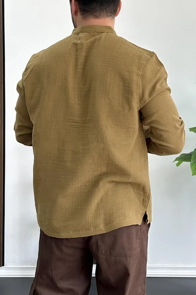 Erkek Hakim Yaka Yarım Patlı Cepli Gömlek Hardal Edw361 - 6
