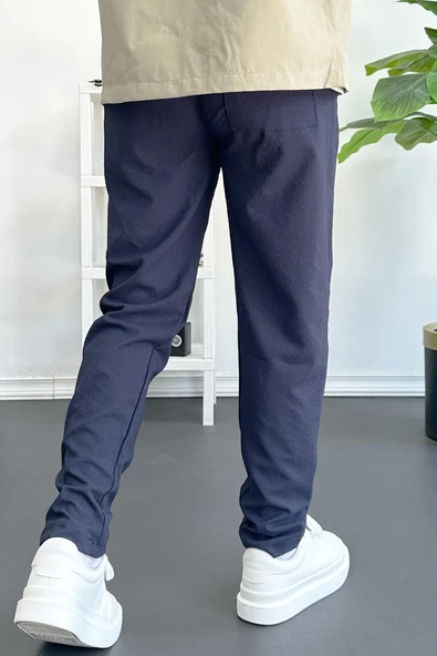 Erkek Beli Lastikli Gofre Kumaş Jogger Pantolon Lacivert Edw358 - 3