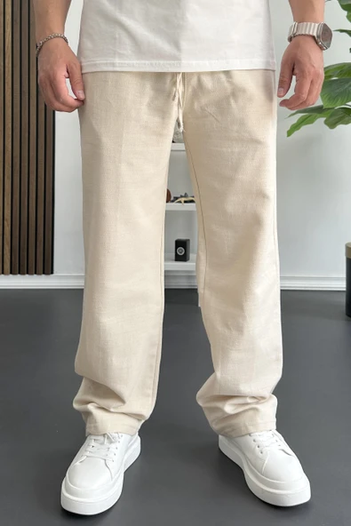 Erkek Beli Lastikli Baggy Kalıp Pantolon Krem Edw356 - Resim 2