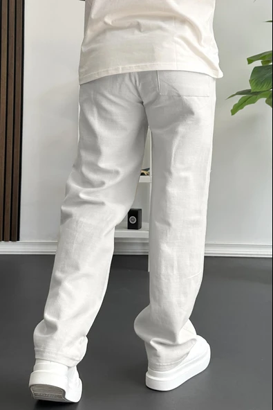 Erkek Beli Düğmeli Baggy Kalıp Pileli Pantolon Beyaz Edw357 - 4