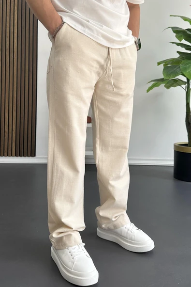 Erkek Beli Lastikli Baggy Kalıp Pantolon Krem Edw356 - Resim 3