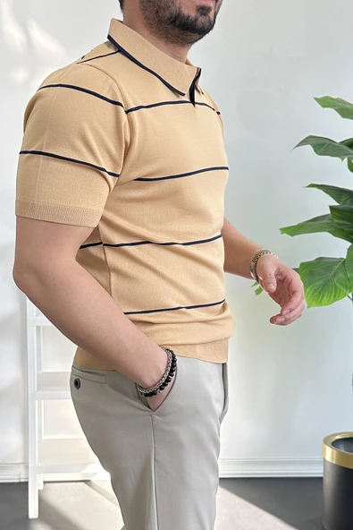 Erkek Açık Yaka Yan Çizgili Tişört Sarı Edw259 - 2
