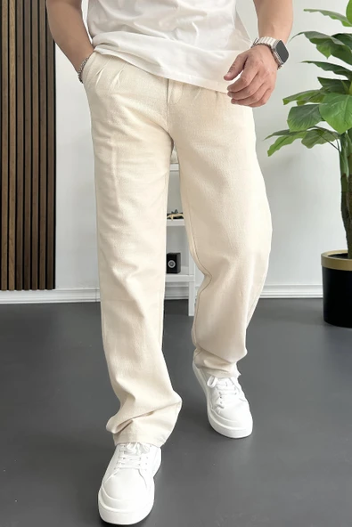 Erkek Beli Düğmeli Baggy Kalıp Pileli Pantolon Krem Edw357 - 2