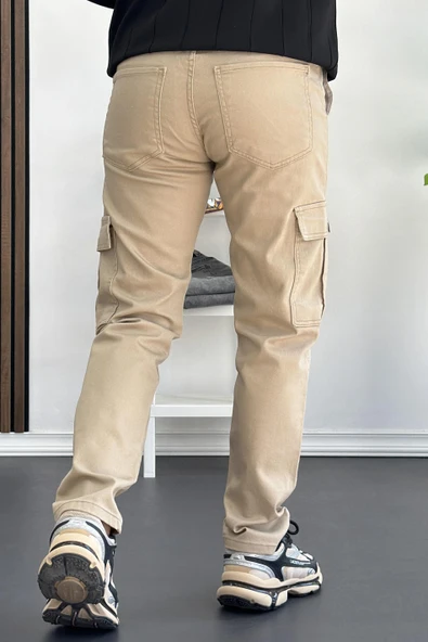 Erkek Yan Cepli Kargo Pantolon Krem Edw184 - Resim 4