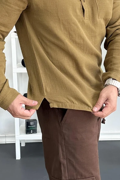 Erkek Hakim Yaka Yarım Patlı Cepli Gömlek Hardal Edw361 - 4