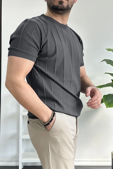 Erkek Bisiklet Yaka Desenli Tişört Füme Edw260 - 3
