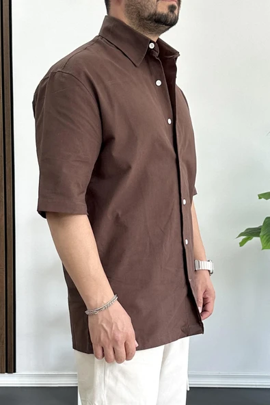 Erkek Oversize Büyük Kalıp Pamuklu Kumaş Kahverengi edw363 - 2