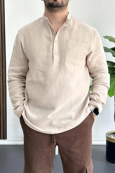 Erkek Hakim Yaka Yarım Patlı Cepli Gömlek Bej Edw361 - 2