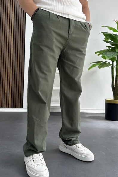 Erkek Rahat Kalıp Keten Pantolon Yeşil Edw266 - 2