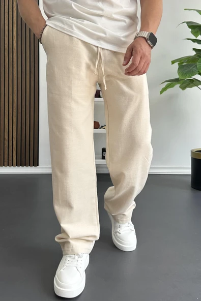 Erkek Beli Lastikli Baggy Kalıp Pantolon Krem Edw356 ürün görseli