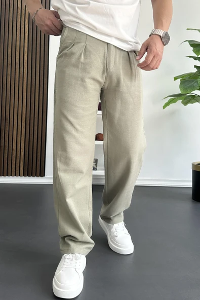 Erkek Beli Düğmeli Baggy Kalıp Pileli Pantolon Yeşil Edw357 - 2