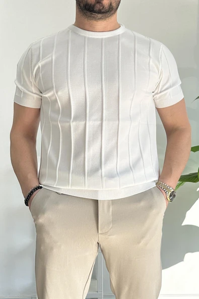 Erkek Bisiklet Yaka Desenli Tişört Beyaz Edw260 ürün görseli