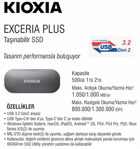 Kioxia Kioxıa Exceria Plus 1TB Mini Taşınabilir USB 3.2 Gen 2 Type-C Harici External SSD (LXD10S001TG8) - 2
