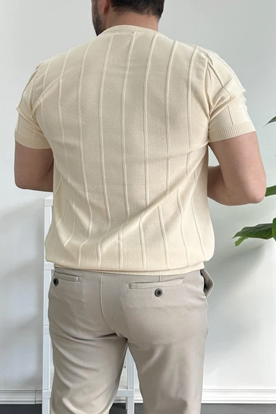 Erkek Bisiklet Yaka Desenli Tişört Krem Edw260 - Resim 3