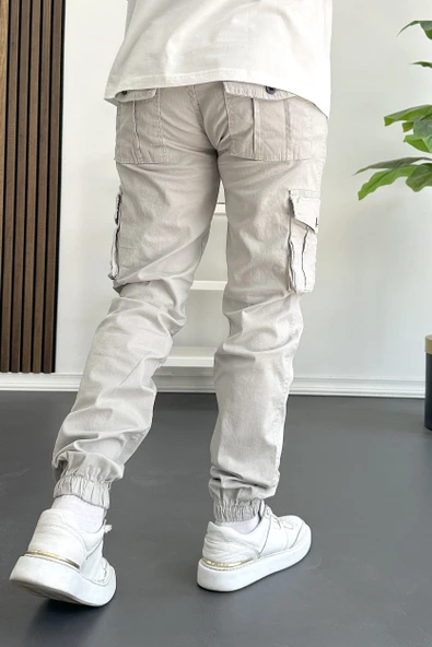 Erkek Paçası Lastikli Kargo Cepli Pantolon Taş Rengi Edw353 - Resim 4