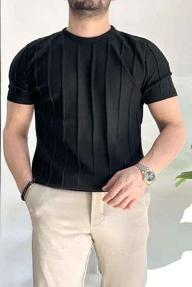 Erkek Bisiklet Yaka Desenli Tişört Siyah Edw260 - Resim 2