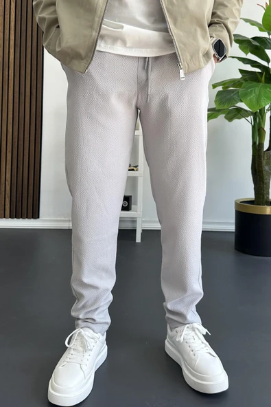 Erkek Beli Lastikli Gofre Kumaş Jogger Pantolon Gri Edw358 - 2