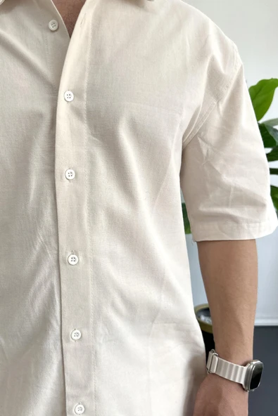 Erkek Oversize Büyük Kalıp Pamuklu Kumaş Krem edw363 - 4