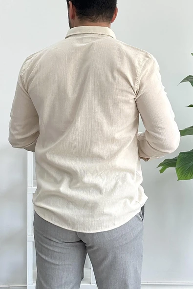 Erkek Krinkıl Kumaş Gömlek Krem Edw362 - 3